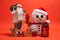Santa Claus, Snoman toy and wooden Xmas text sign