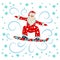 Santa Claus snowboarder and snowflakes. Christmas vector illustration. Cartoon character jumping on a snowboard. Winter sport.