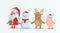 Santa Claus, Snowman, Reindeer and Piggy holding, hands in Christmas snow scene. Happy Christmas companions. Flat vector