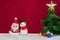 Santa claus, snowman wool doll, green xmas tree with glittering