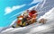 Santa Claus on a snowmobile and rabbit. Snow racing. Happy new year. Merry Christmas