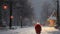 Santa Claus in snowy winter alley in the park with christmas lights on trees