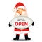 Santa claus standing and holding badge with the text come in We`re Open. for restuarant, coffee shop, cafe or food center