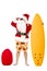 Santa Claus standing with surf board