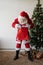 Santa claus stands near the Christmas tree holds a large paper bag in his hands, pulls out