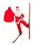 Santa Claus stands on a old retro ski and carry big bag