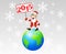 Santa claus steps on earth with a banner 2015 year in hands