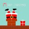 Santa Claus stuck in the chimney on the roof. Gift box. Red hat, costume, beard, belt buckle. Merry Christmas. Candy cane. Cute ca