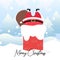 Santa Claus Stuck in Chimney with scene winter landscape.Cute Christmas Character