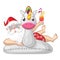 Santa Claus on summer vacation with Unicorn inflatable swim ring - wearing sunglasses