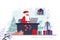 Santa Claus takes orders for gifts online. Father Christmas sits at workplace and works. Different gift boxes in santa`s office