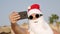 Santa Claus takes selfie. Santa summer vacation. Santa Claus blogger. Funny Santa, in sunglasses, takes selfie video on