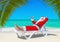Santa Claus thumbs up gesturing on sunlounger at tropical palm b