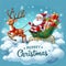 Santa Claus travels with his reindeer and his wheeled sleigh through the clouds.