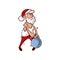 Santa Claus trying to lifting heavy kettlebell. Cartoon character of sportsman. Old bearded man. Vector design