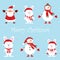 Santa Claus, two funny snowmen, three hares, cartoon set vector set, cute style isolated on blue background illustration