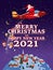 Santa Claus Van with text Merry Chrismas and Happy New Year 2021 flying in plane delivering shipping gifts