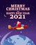 Santa Claus Van with text Merry Chrismas and Happy New Year 2021 flying in plane delivering shipping gifts