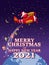 Santa Claus Van with text Merry Chrismas and Happy New Year 2021 flying in plane retro delivering shipping gifts