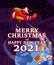 Santa Claus Van with text Merry Chrismas and Happy New Year 2021 flying in plane retro delivering shipping gifts