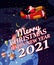 Santa Claus Van with text Merry Chrismas and Happy New Year 2021 flying in plane retro delivering shipping gifts