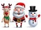 Santa claus vector character with snowman and rudolph the reindeer