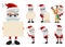 Santa claus vector characters set. Santa claus christmas character holding wish list and showing empty whiteboard.