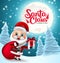 Santa claus vector design. Santa claus is coming to town text in moon element with santa character holding gift and sack for xmas.