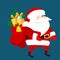 Santa Claus is walking and carrying a big bag of gifts. Side view. Winter funny and charming character design.