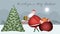 Santa Claus walks dragging his red sack through that snowy landscape to carry his gifts on the Christmas tree.
