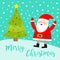 Santa Claus waving hands on snowdrift. Merry Christmas tree. Costume, red hat, golden belt, beard. Cute cartoon kawaii funny