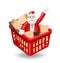 santa claus waving invitation to join christmas promotion and he was standing in red basket with parcel boxes