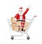 santa claus waving invitation to join christmas promotion and he was standing in shopping cart with parcel boxes