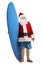 Santa claus wearing swimming shorts and holding a surfing board