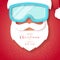 Santa Claus with white beard wearing red hat and snowboard mask.