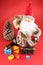 Santa Claus, wine bottle, pincone and colorful Christmas gift bo