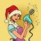 a Santa Claus woman with a hand mixer, a housewife in the kitchen is engaged in Christmas cooking