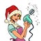 a Santa Claus woman with a hand mixer, a housewife in the kitchen is engaged in Christmas cooking