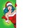 Santa Claus woman peeking holding blank sign