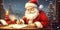 Santa Claus writes letters to children against a beautiful Christmas background. Beautiful magical Christmas postcard. Cartoon