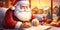 Santa Claus writes letters to children against a beautiful Christmas background. Beautiful magical Christmas postcard. Cartoon