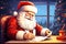 Santa Claus writes letters to children against a beautiful Christmas background. Beautiful magical Christmas postcard. Cartoon