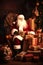 santa clause in an elegant setting in front of Christmas presents