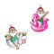 Santa Clauses with Unicorn and Flamingo swim rings on summer vacation