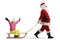 Santa clus pulling a wooden sled with a happy litttle girl