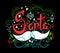 Santa is comming Lettering made in unique style on black background. Handdrawn design. Stars, decorations, leaves and berries with