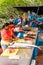 SANTA CRUZ ISLAND, GALAPAGOS ISLAND - JULY 2, 2019: Freshly caught Tuna for sale on Puerto Ayora fish market. Vertical