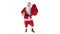Santa is dancing holds presents sack and rings bell. Crazy funny Santa Claus is holding gifts bag, ringing bell on white