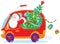 Santa drives with Christmas tree