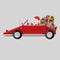 Santa driving a red car with many gifts. 3D